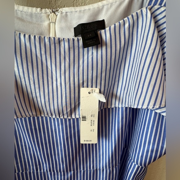 NWT J CREW Striped Cold-Shoulder Silk Dress Size 14 $188 True Blue Ruffle Lined - Picture 7 of 8